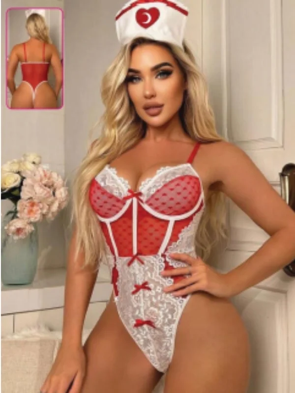 Hemşire Temalı Dantelli Fantezi Bodysuit